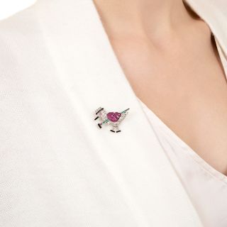 Art Deco Diamond And Gem-Set Bird with Walking Stick Brooch