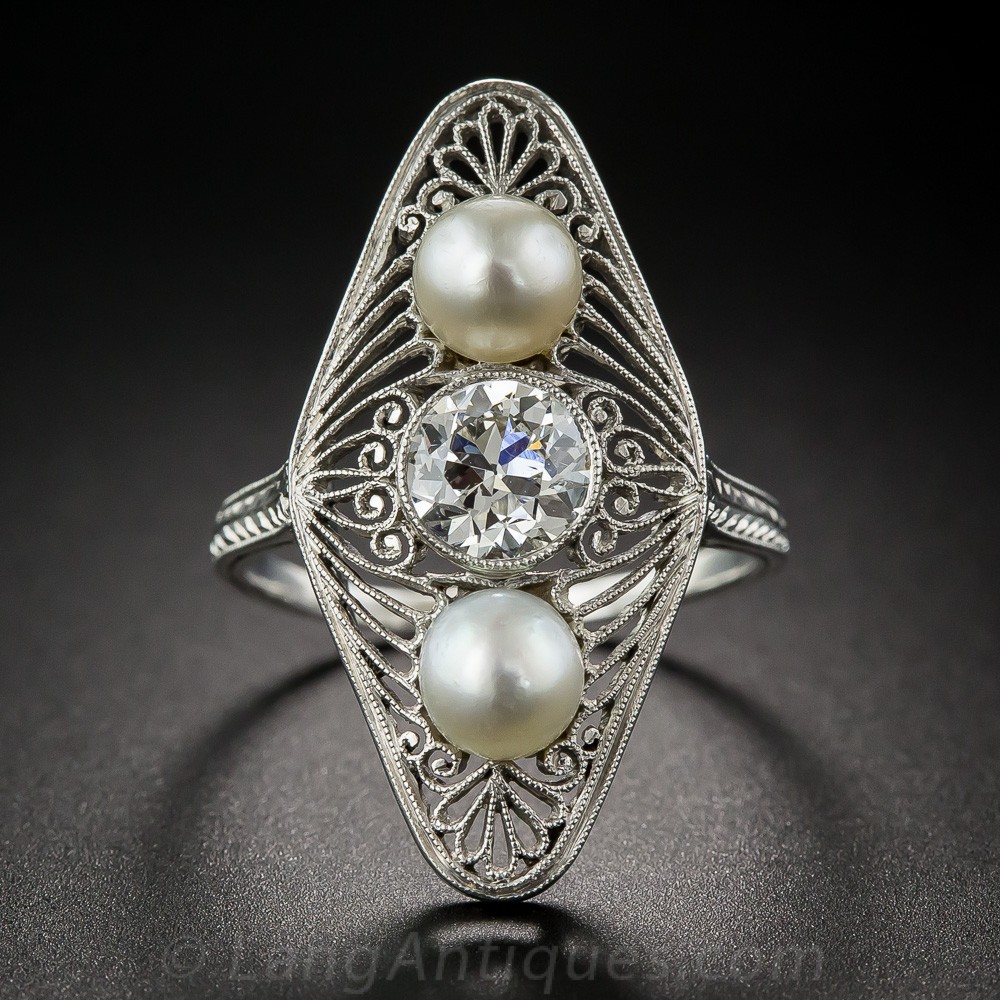 Edwardian Diamond and Natural Pearl Dinner Ring