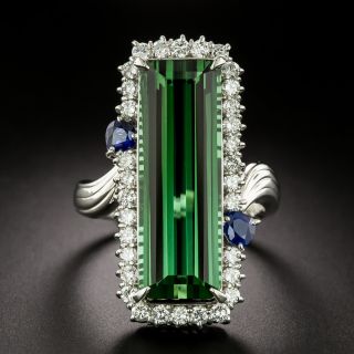 Estate Elongated  Blue-Green Tourmaline, Sapphire and Diamond Ring - 3