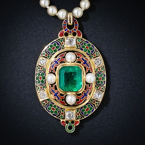 Antique Holbeinesque Emerald and Natural Pearl Necklace.