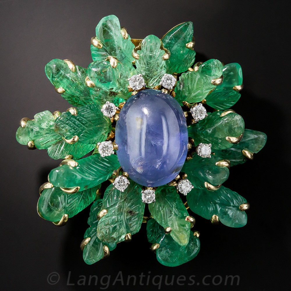 Star Sapphire and Carved Emerald Brooch