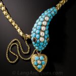 Victorian Turquoise and Pearl Articulated Snake Bracelet. Symbolic of Wisdom Suspending a Heart, Symbolic of Love and Romance.